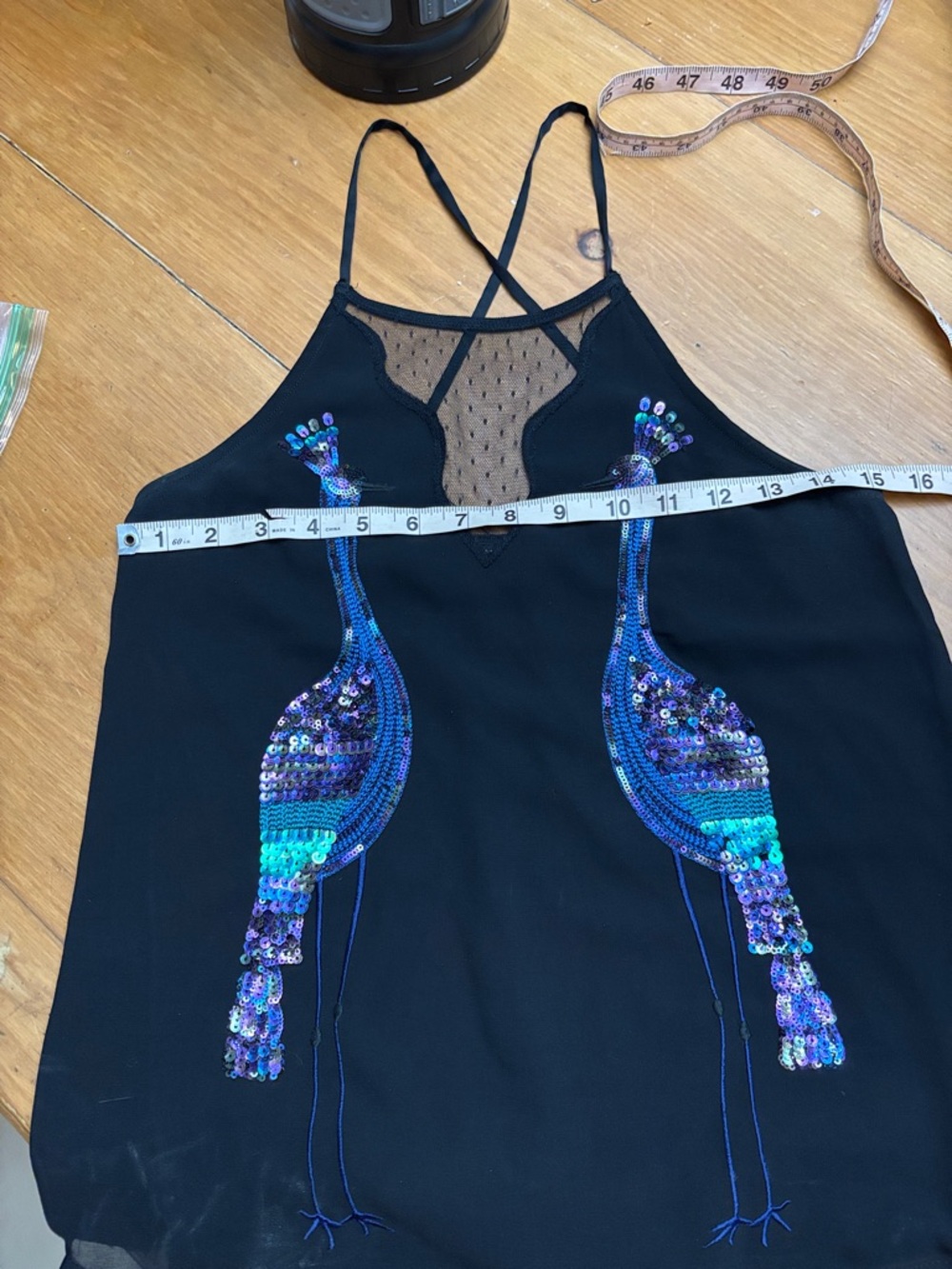Express Black Camisole with Blue & Teal Sequin peacocks and mesh insert